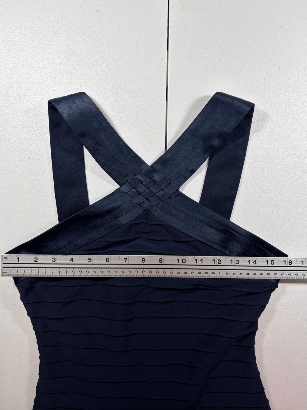 WHBM Navy Cross-Front Bodycon Midi Dress (2) - Picture 5 of 9